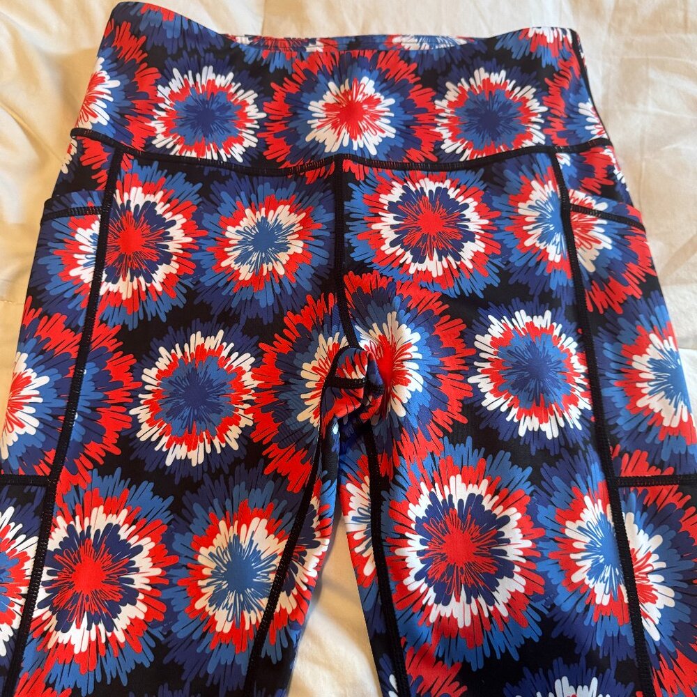CVG Womens Workout leggings ~ Like new condition ~ Red, blue, and white patterns